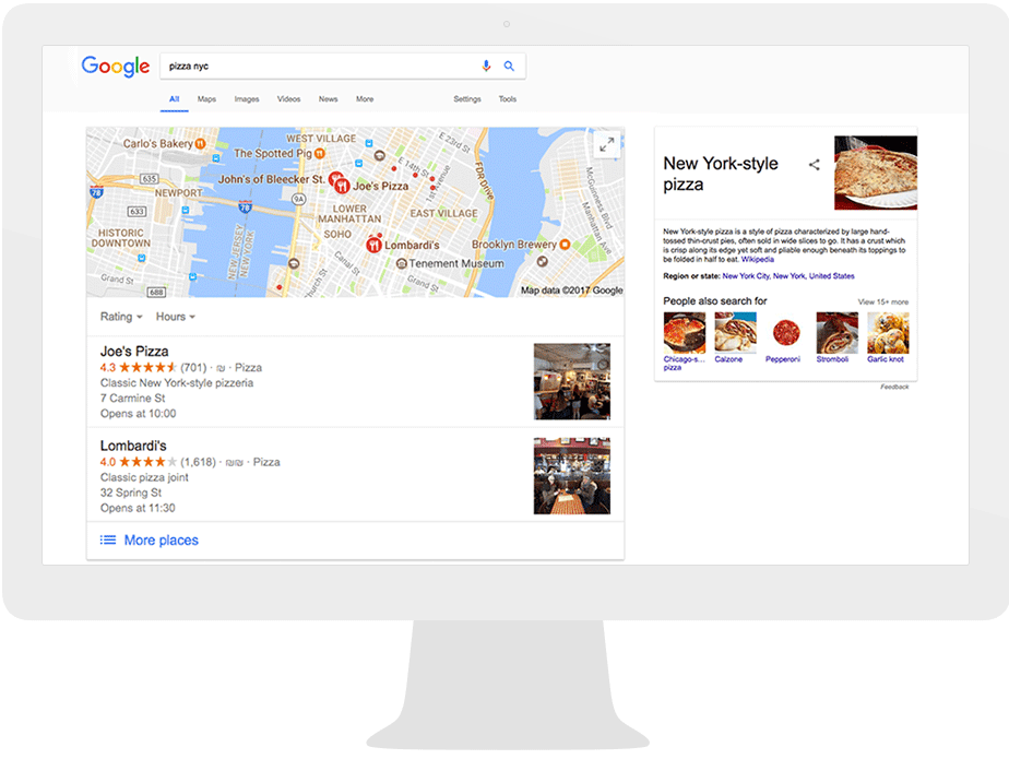 Browser showing the SERP with a Local Pack and Google Map