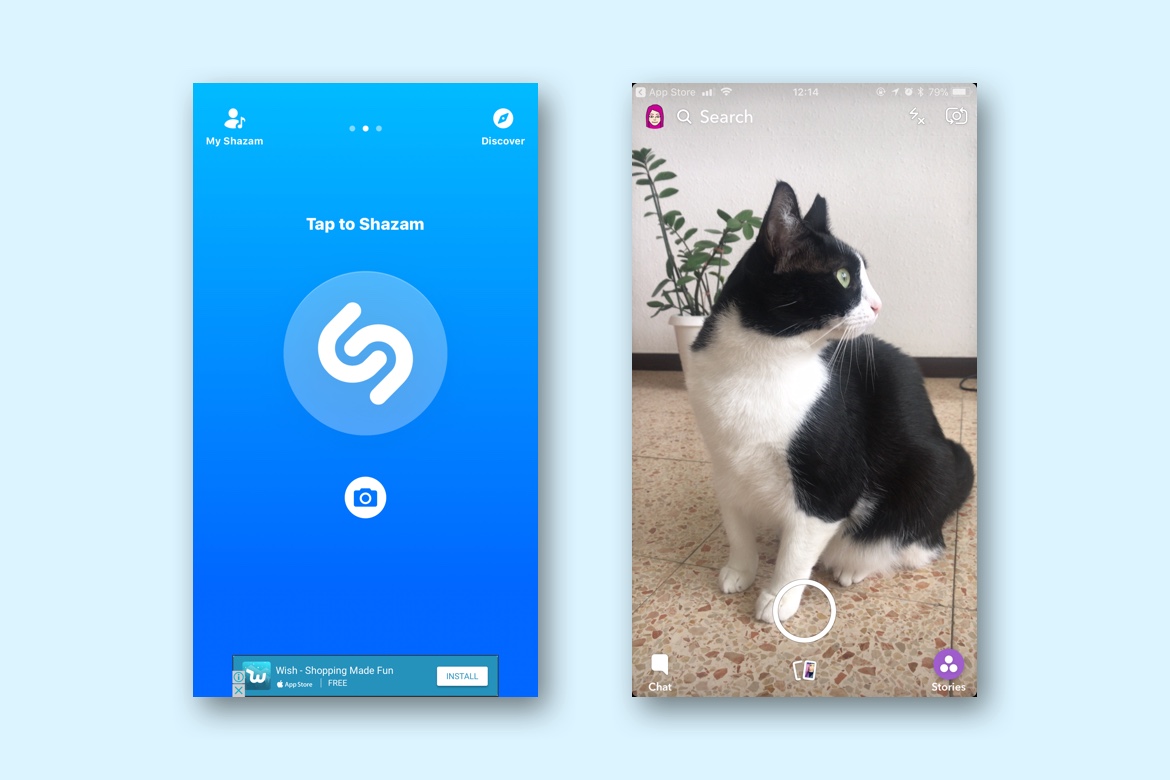 Shazam app and Snapchat app with cat