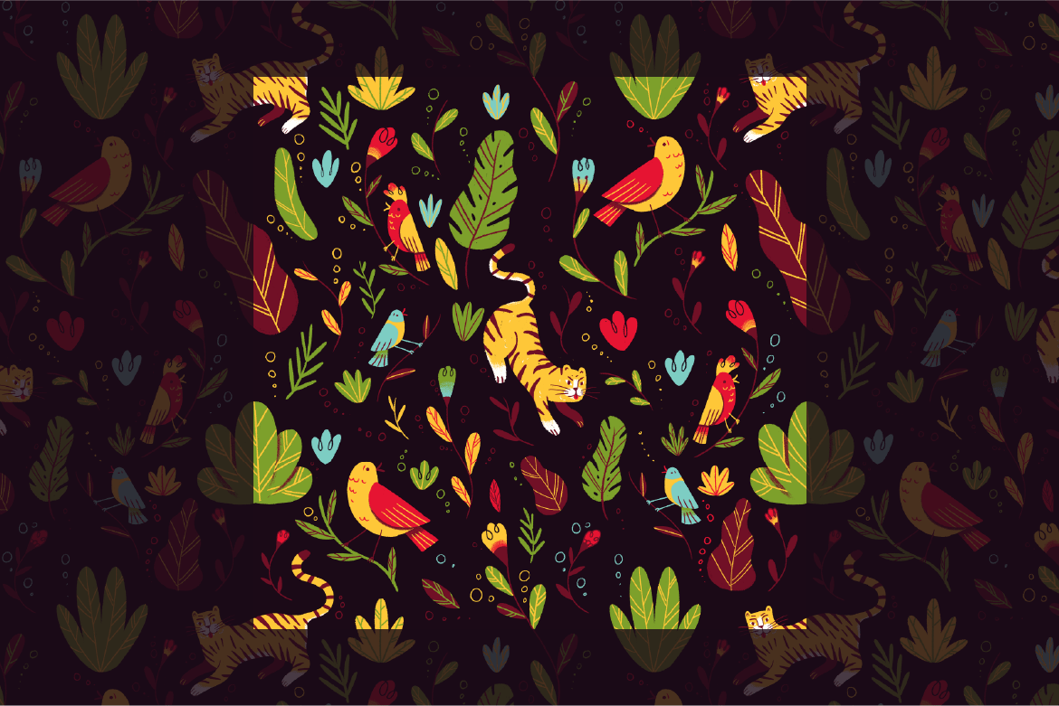 Seamless illustration pattern with animals and plants