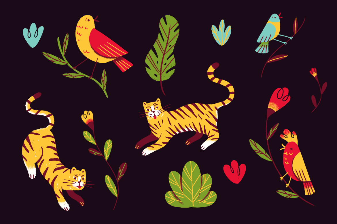 Seamless illustration pattern with animals and plants