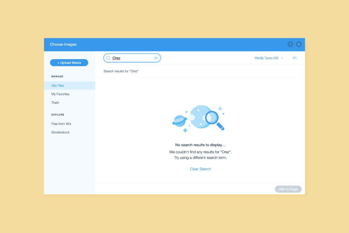 A UX illustration for an 'empty state' in the Wix Media Manager